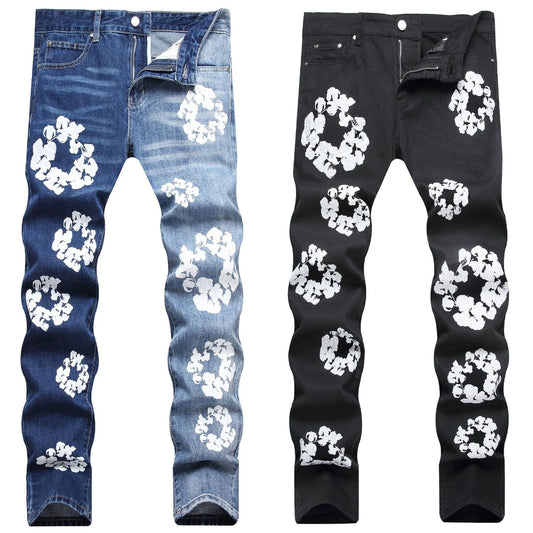 EH·MD® Dark Light Blue Leg Embroidered Cotton Jeans Men Printed Pants Pleated Gradient 3D Zipper Slim Fashion Versatile Elastic2