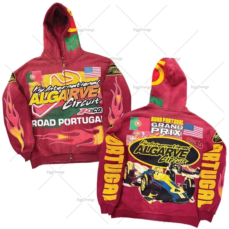 American High Street Fashion Jacket Trendy Loose Versatile Zipper Hoodie Men Y2k Flame Letter Print Oversized Sweatshirt Women