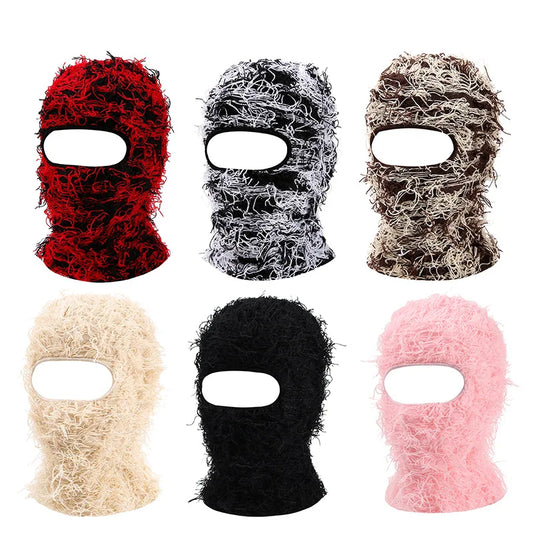 Full Face Cover Ski Mask Hat Balaclava Distressed Knitted Beanie Camouflage Men Hat Women Winter Warm Windproof Bicycle Neck Hat